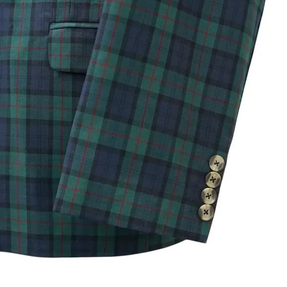Mens 48R Tartan Plaid Blazer Sport Coat Navy Green Cotton Preppy Formal